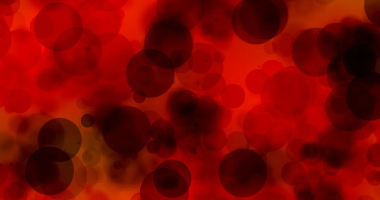 Fundo vermelho com formas arredondadas que lembram células do sangue, ilustrando a diferença entre veia e artéria