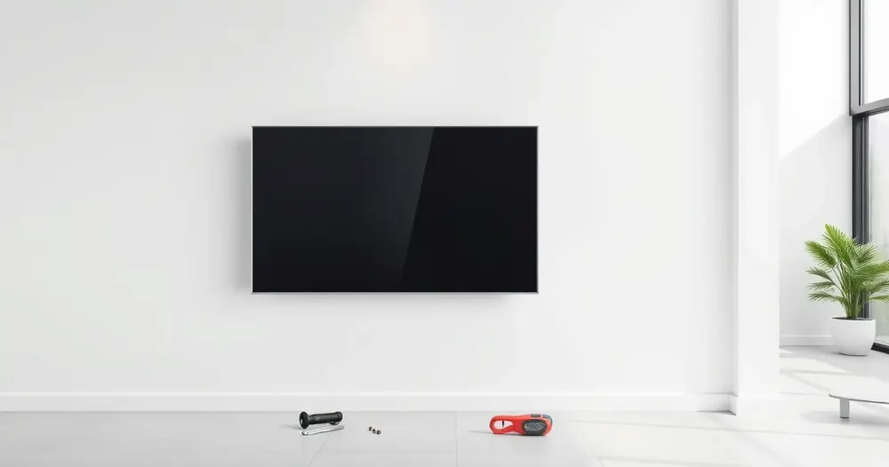 televisão fixada na parede com suporte de metal e ferramentas no chão
